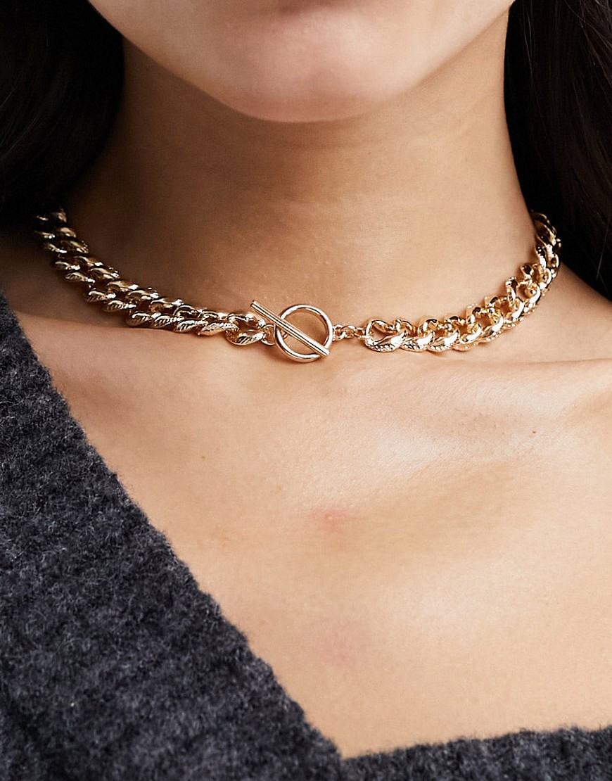 ASOS DESIGN chain necklace with textured link and tbar in gold tone