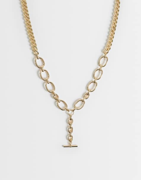 ASOS DESIGN chain t-bar necklace with mixed chain detail in gold tone - view 1