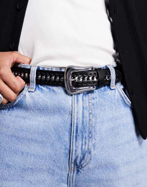 ASOS DESIGN chain whipstitch belt in black faux leather - view 1