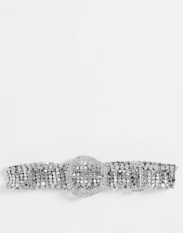 ASOS DESIGN chainmail and diamante western belt in silver