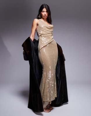 Asos Design Chainmail Sequin Asymmetric Draped Dress Maxi Dress In Gold