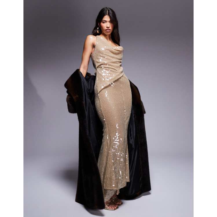 ASOS DESIGN chainmail sequin asymmetric draped dress maxi dress in gold |  ASOS