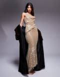 [ASOS DESIGN] ASOS DESIGN chainmail sequin asymmetric draped maxi dress in gold 10 Gold