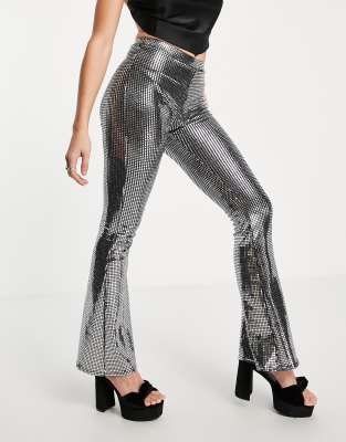 Asos Design Chainmail Sequin Slim Flare Pants In Silver-multi In Multi