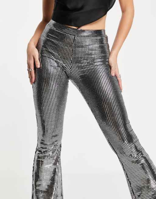 ASOS DESIGN chainmail sequin slim flare pants in silver, 3 of 4