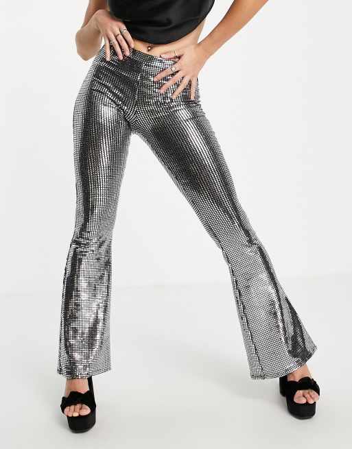 ASOS DESIGN chainmail sequin slim flare pants in silver, 4 of 4