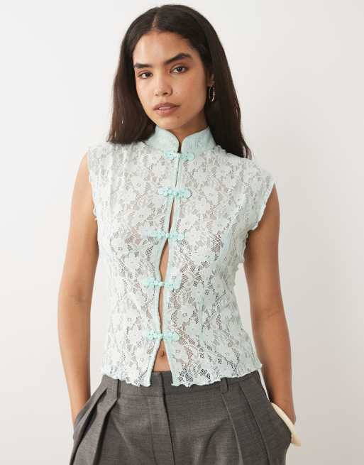 ASOS DESIGN - chaleco azul con detalle de lazo de cordón y encaje, 3 de 4