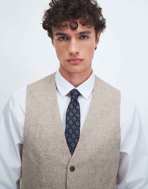 ASOS DESIGN - Chaleco de traje color piedra de corte slim de mezcla de lino