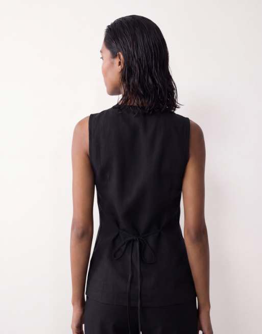 ASOS DESIGN - Chaleco largo de mezcla de lino con cierre de botones en negro, 4 de 4