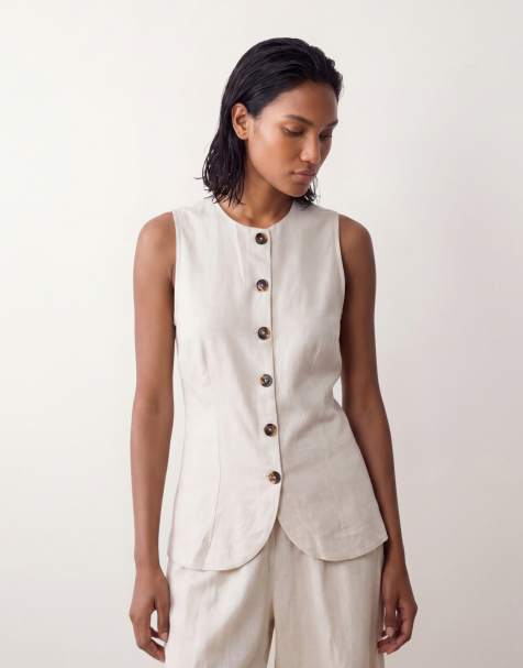 ASOS DESIGN - Chaleco largo de mezcla de lino con cierre de botones en piedra - view 1
