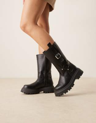ASOS DESIGN - Chalice - Kniehohe Stiefel in Schwarz mit dicker Sohle und Schnallen