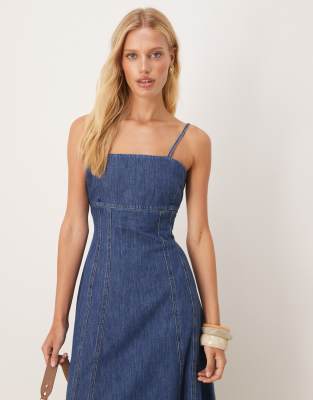 Asos Design Chambray Denim Maxi Dress With Cinch Waist Seams