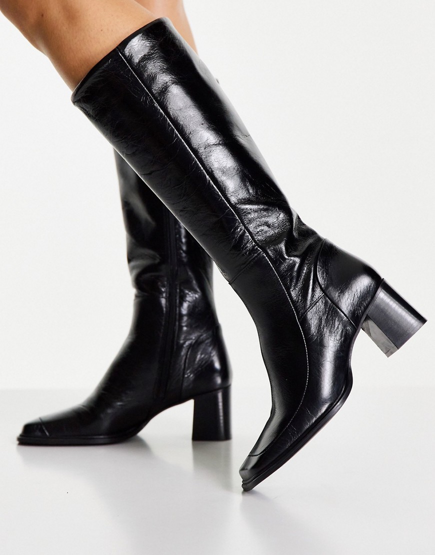 ASOS DESIGN Chamomile premium leather square toe knee boots in black