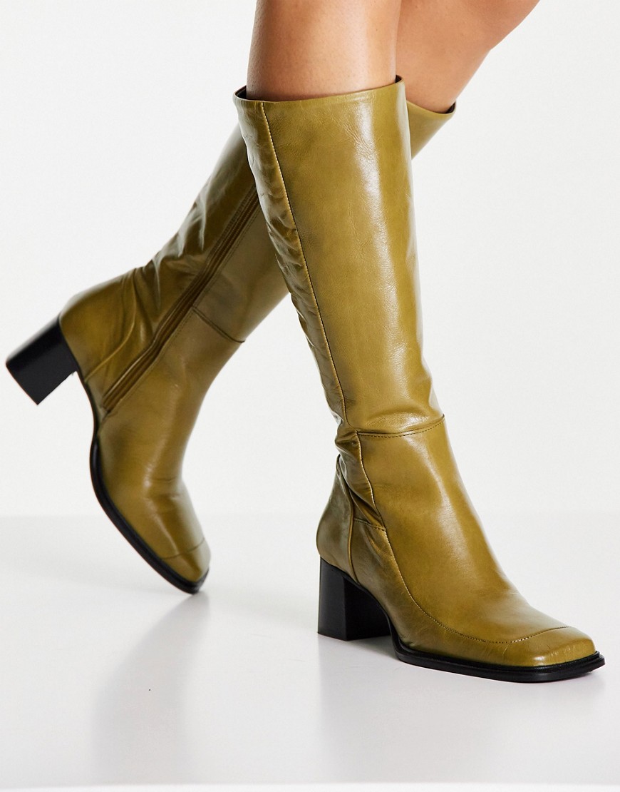 ASOS DESIGN Chamomile premium leather square toe knee boots in khaki-Green