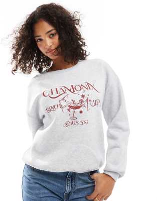 Asos Design Chamonix Apres Ski Graphic Oversized Sweatshirt In Gray Heather