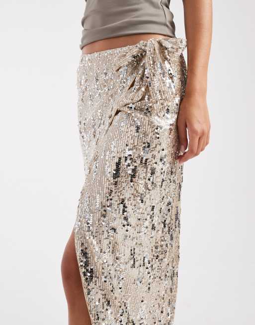 ASOS DESIGN – Champagnefärgad midikjol med omlottdesign och mixade paljetter, 5 av 5