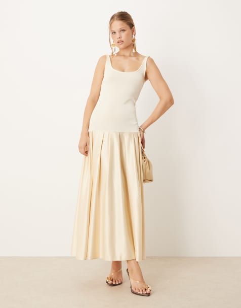 ASOS DESIGN – Champagnefärgad skjortklänning i satin och midilängd med djup halsringning och sänkt midja - view 1