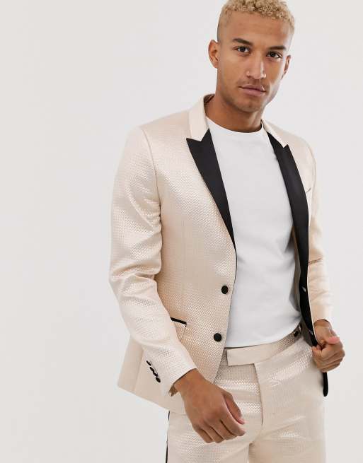 ASOS DESIGN – Champagnefärgad balkostym i jacquard med smal passform, 2 av 3
