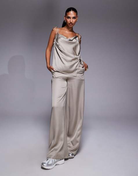 ASOS DESIGN – Champagnefärgade byxor i satin, del av set - view 1