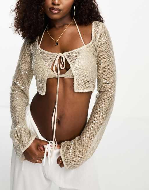 ASOS DESIGN - Champagnefarvet 2-delt sæt med BH og bolero i pailletstof 