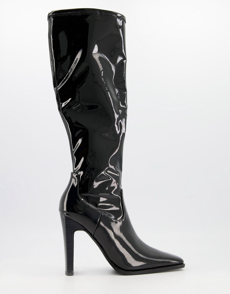 ASOS DESIGN Champion square toe knee high heeled boots in black patent
