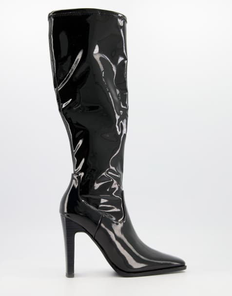 asos design cali premium leather heeled knee boots