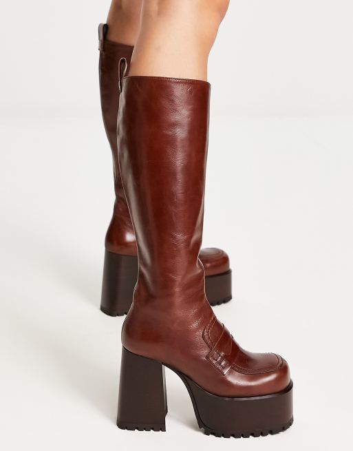 ASOS DESIGN – Chance – Chokladbruna, knähöga boots i premiumläder med platåsula