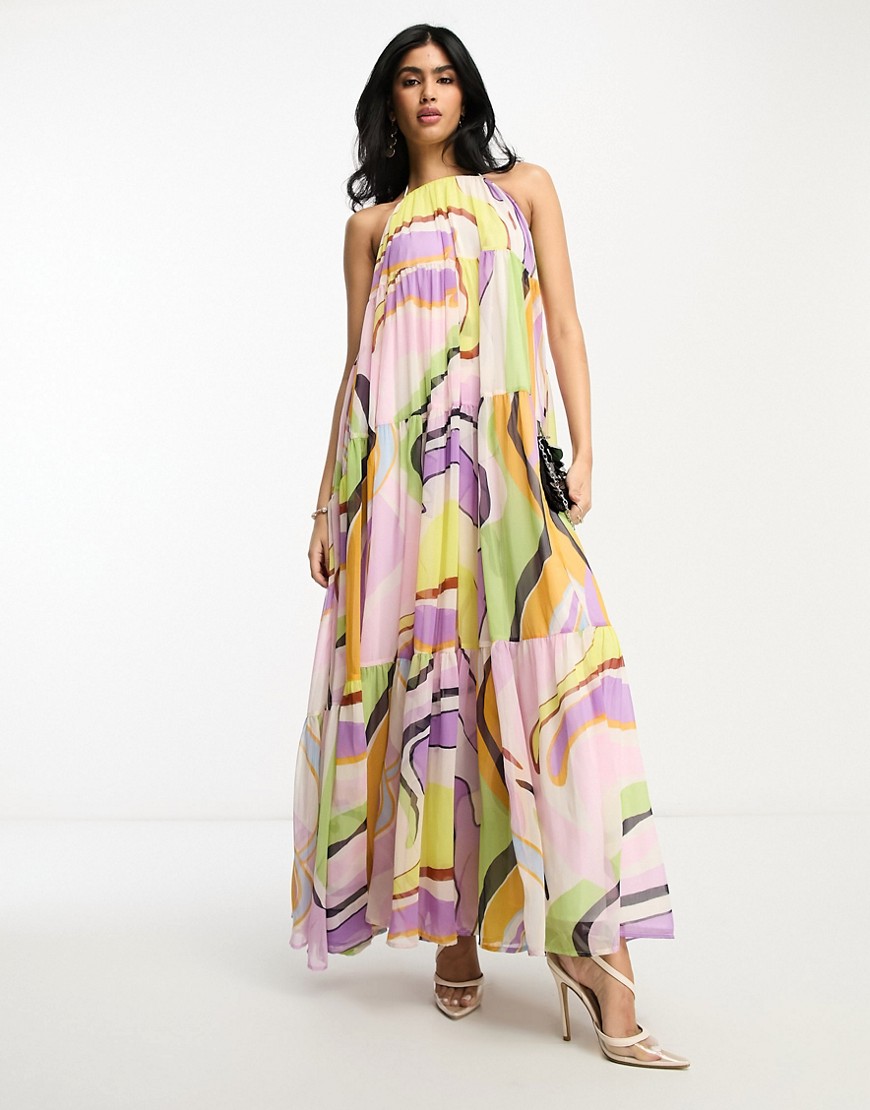 ASOS DESIGN channel detail halter neck trapeze tiered maxi dress in abstract print-Multi
