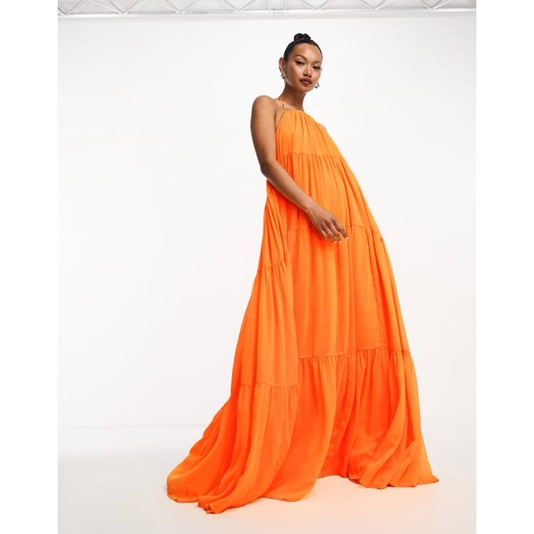 ASOS DESIGN channel detail halter neck trapeze tiered maxi dress in bright  orange | ASOS