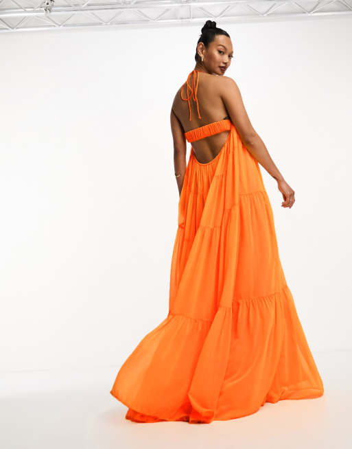 ASOS Backless Halter Pleated Maxi Dress in Orange