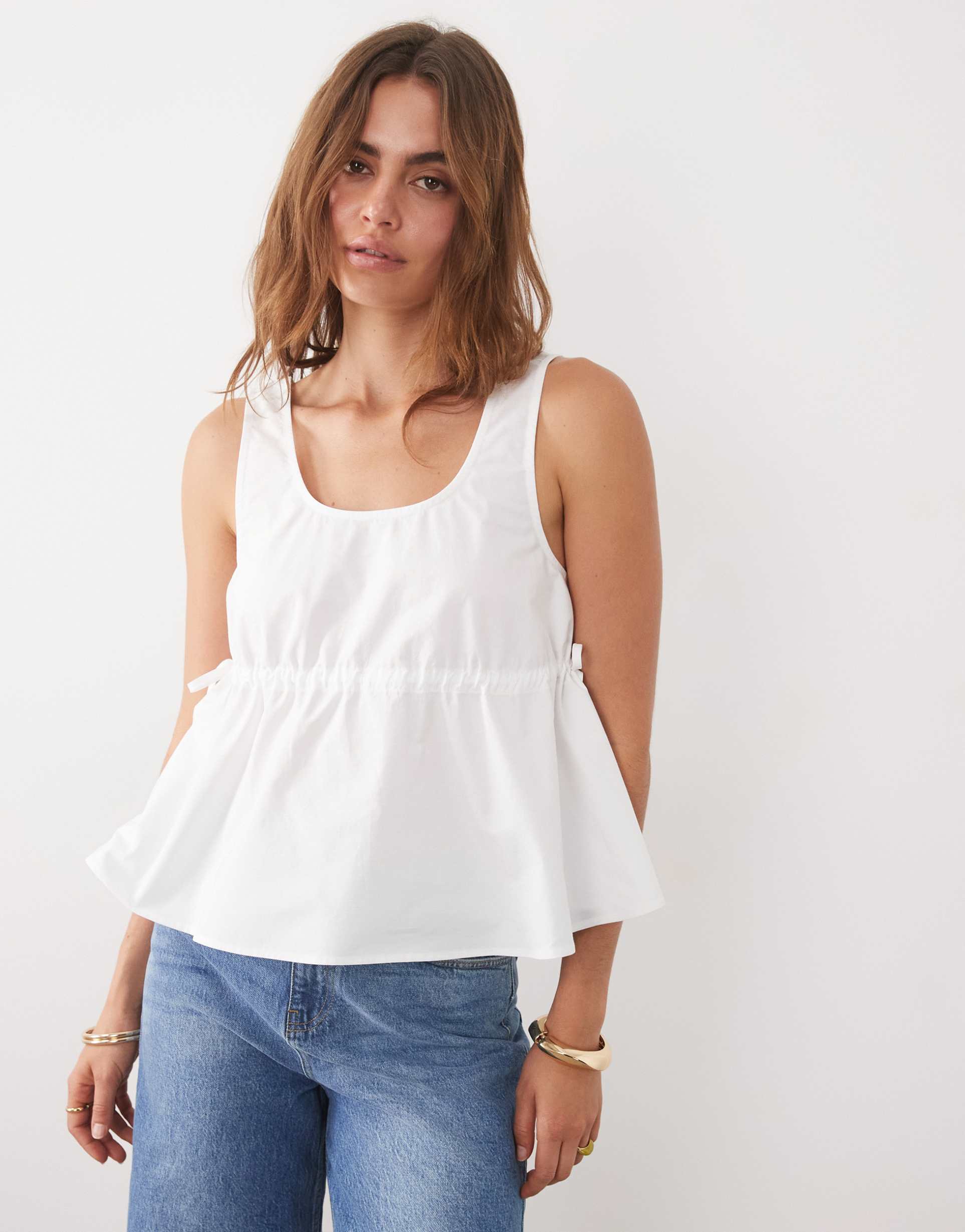 asos design channel elastic trapeze top in white poplin