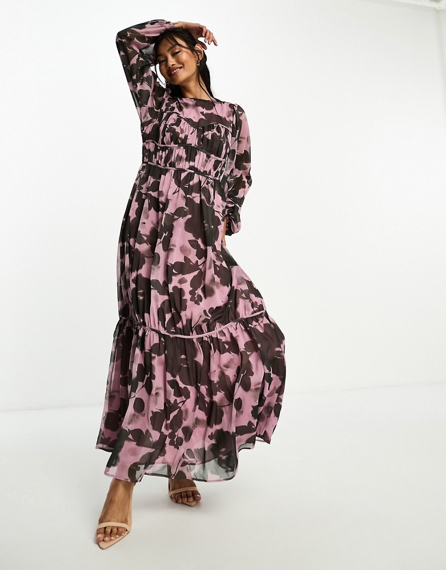 Shop Asos Design Channel Waist Maxi Dress In Black And Purple Print-multi