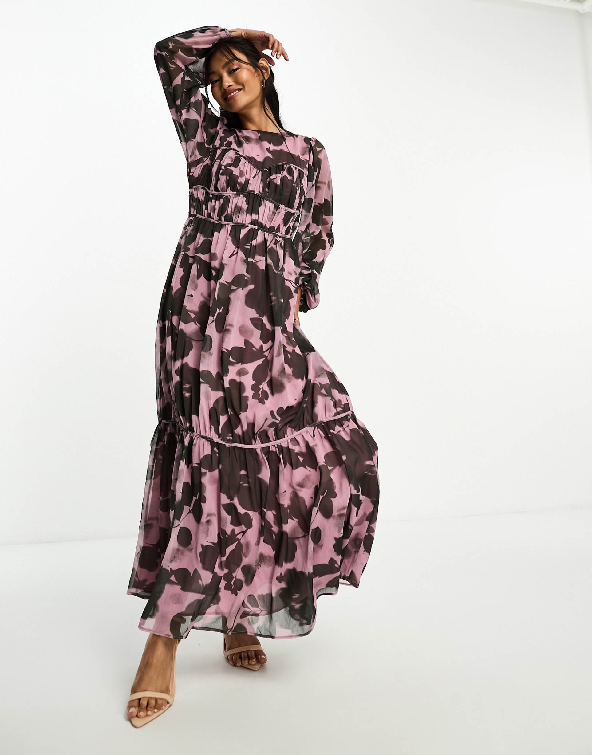 asos design channel waist maxi dress in black and purple print