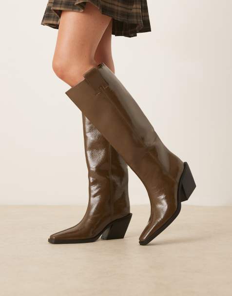ASOS DESIGN Chantelle western knee boots in olive - view 1