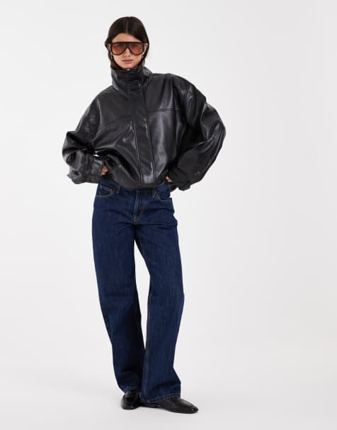 ASOS DESIGN - Chaqueta bomber negra con cuello alzado de tejido efecto cuero liso - view 1