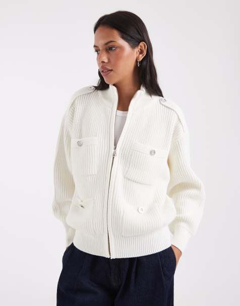 ASOS DESIGN chaqueta de punto con cuello alzado y botones plateados en crema - view 1