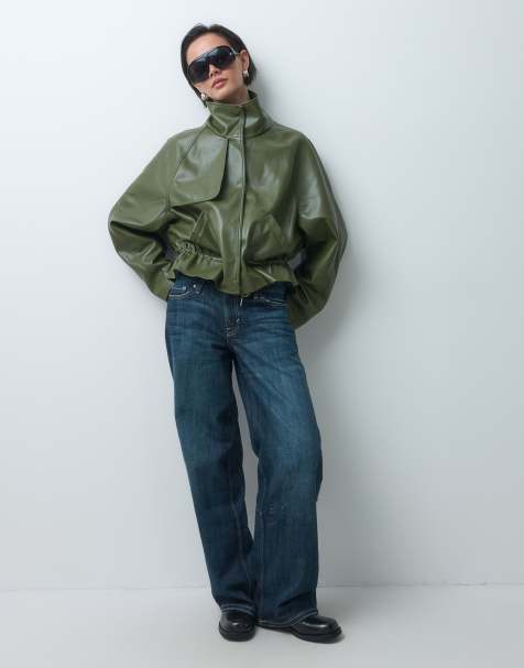 ASOS DESIGN chaqueta efecto cuero con cintura entallada y cuello alzado en verde oliva - view 1