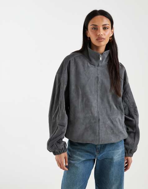 ASOS DESIGN - Chaqueta gris con cuello alzado de ante auténtico - view 1