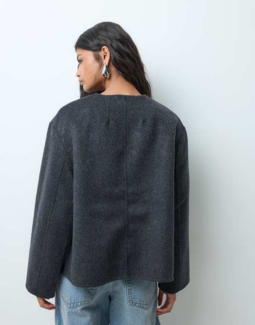 ASOS DESIGN - Chaqueta sin cuello de mezcla de lana con cierre de alamares en gris carbón, 4 de 5