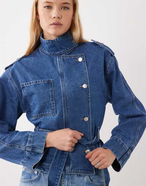 ASOS DESIGN - chaqueta vaquera con cuello alzado y cinturón en azul medio oscuro - view 1