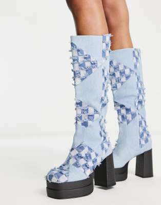 ASOS DESIGN - Charisma - Kniehohe Stiefel aus Denim mit Plateausohle-Blau