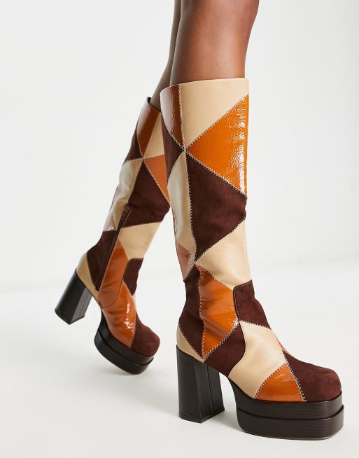 ASOS DESIGN – Charisma – Kniehohe Stiefel in Braun-Mix mit Plateausohle