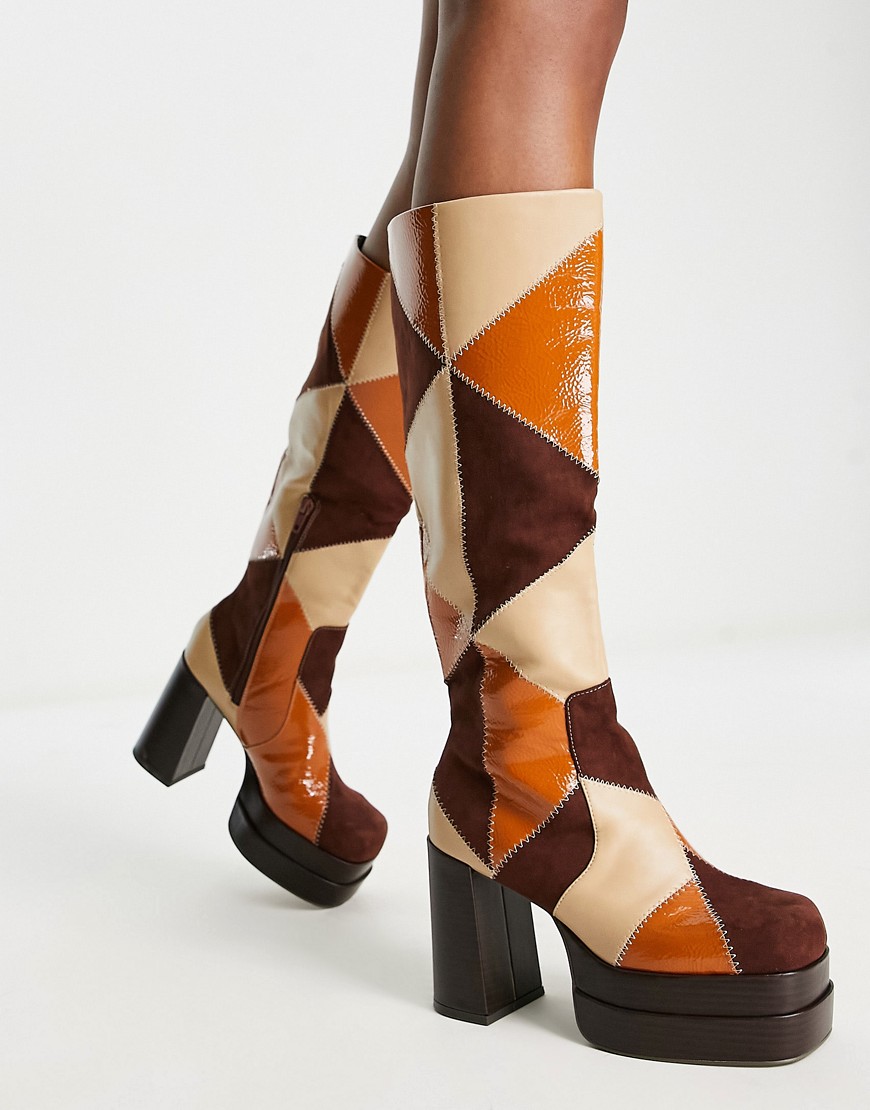 ASOS DESIGN Charisma platform knee boots in brown mix