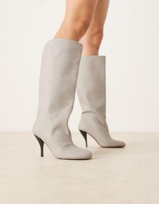 Asos Design Charisma Wide Pull On Heeled Knee Boots In Gray