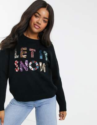 ASOS DESIGN Charity Christmas sweater sequin let it snow for ASOS Foundation-Black