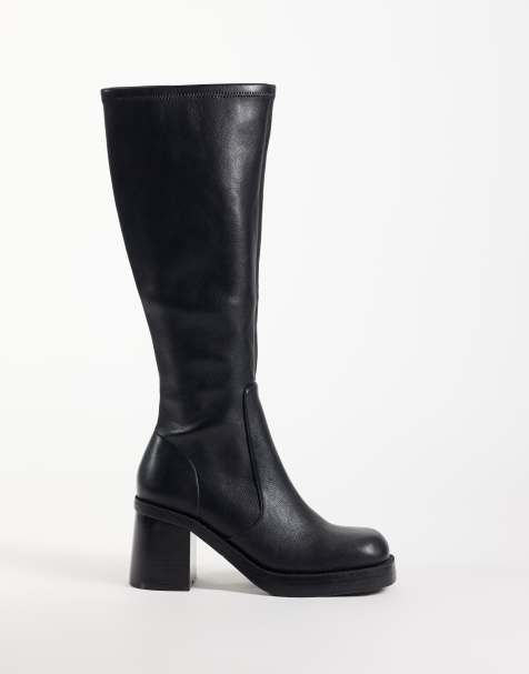 ASOS DESIGN Charlene block heel stretch sock knee boots in black - view 1