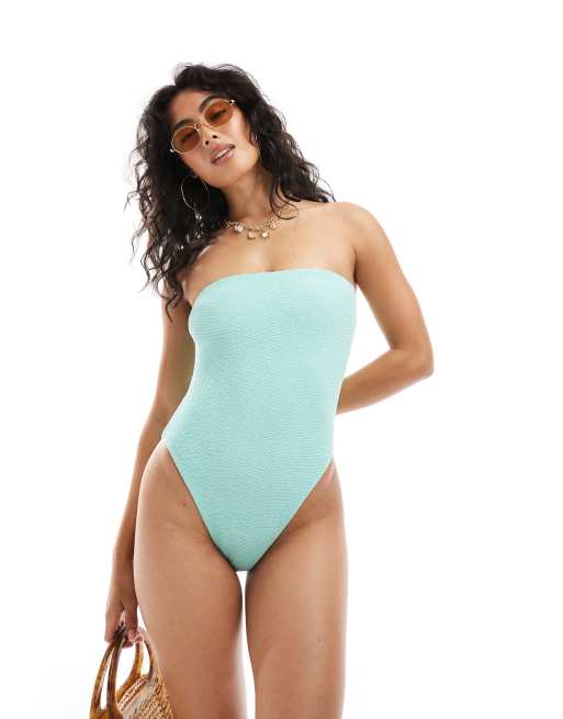 ASOS DESIGN Charlene textured bandeau swimsuit with removable padding in mint