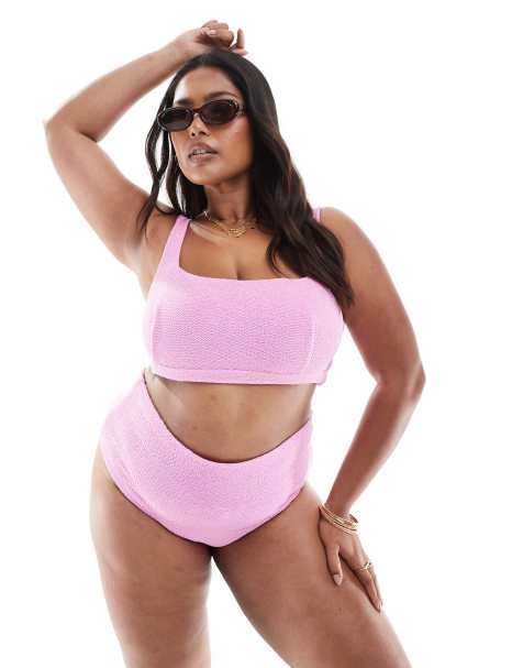 ASOS DESIGN Charlene textured high leg high waist bikini bottom in light pink - view 1