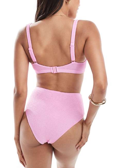 ASOS DESIGN Charlene textured high leg high waist bikini bottoms in light pink, 3 of 4