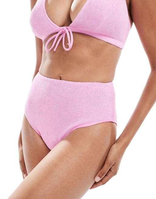 ASOS DESIGN Charlene textured high leg high waist bikini bottoms in light pink, 4 of 4